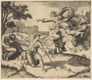 Gud viser seg for Isak, Gud som svever i skyer og peker mot Rebecca som sitter under..., ca. 1515-27. av Marco Dente