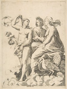 Juno, Ceres og Psyche i skyene i samtale, Juno satt med en påfugl mot seg..., ca. 1515-27. av Marco Dente