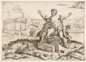 Laocoön og hans to sønner blir angrepet av slanger på en sokkel, et tempel til Mi..., ca. 1515-27. av Marco Dente