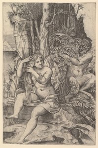 Pan spionerer på nymfen Syrinx som sitter på en stein og grer håret, ca. 1516-20. av Marco Dente