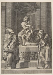 Saint Joseph til venstre og en biskop til høyre stående foran Jomfruens alter ..., ca. 1515-27. av Marco Dente