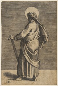 Saint Simon står vendt mot venstre, holder en sag og en bok, ca. 1515-27. av Marco Dente