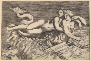 The Mirror of Roman Magnificence: A Triton Carrying off a Nymph, 1500-tallet. av Marco Dente
