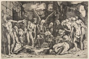 The Skeletons, en gruppe avmagrede menn og kvinner samlet rundt et skjelett lagt på ..., 1515-27.