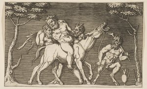 To satyrer som plasserer Silenus på et muldyr og en tredje satyr til høyre, ca. 1515-27.