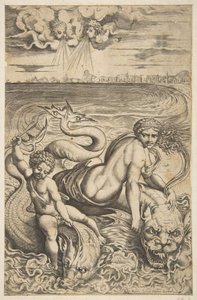 Venus og Amor rir på to sjømonstre, og Amor hever en pil i høyre hånd, t..., ca. 1515-27. av Marco Dente