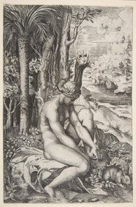 Venus fjerner en torn fra venstre fot mens hun sitter på et tøy ved siden av trær, en ..., ca. 1515-27. av Marco Dente