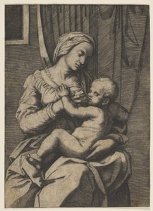 Jomfru som ammer spedbarnet Kristus på fanget, 1515-20. av Marco Dente