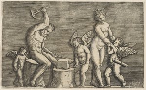 Vulcan sittende hamrende på en ambolt flankert av Venus og tre amoriner, ca. 1515-27. av Marco Dente