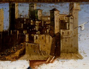 Tronet Madonna og helgener, detalj av predella av St Adrian av Marco Palmezzano (ca 1460-1539), St Francis Church, Matelica, Marche, Italia, detalj av Marco Palmezzano