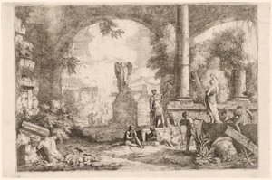 Capriccio av antikke ruiner med menn som stirrer på en klassisk taler av Marco Ricci