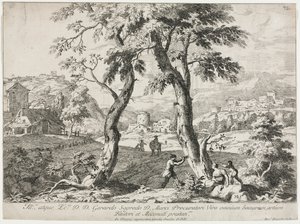Utsikt over en landsby med figurer i forgrunnen av Marco Ricci