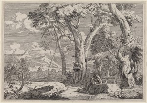 Villmarkslandskap med to munker av Marco Ricci