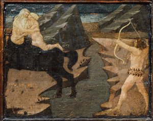 Cassone med kampscene og scener fra Herkules#39; arbeid, Firenze, Italia, ca. 1460 (tempera, gesso og tre) av Marco del Buono Giamberti