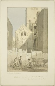 Discovery of East Window of All Saints' bak High Street (etter brannen) (blyant og akvarell på papir) av Marcus H. Homes