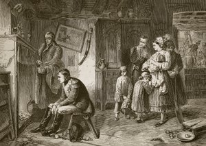 Napoleon søker hvile i en hytte ved veikanten etter hans nederlag ved Waterloo, gravert av J.D. Cooper av Marcus Stone