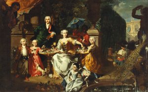 En familiegruppe på en terrasse på eiendommen til en villa. Muligens den engelske forretningsmannen George Jackson og hans familie av Marcus Tuscher
