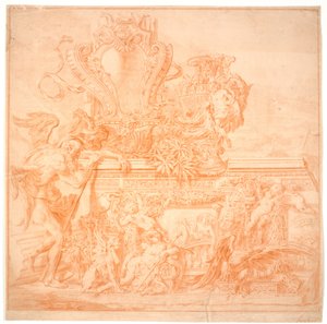Dekorativt utkast med en gammel mann som symboliserer tid, et skjold, en vase, en ørn og flere allegoriske figurer av Marcus Tuscher