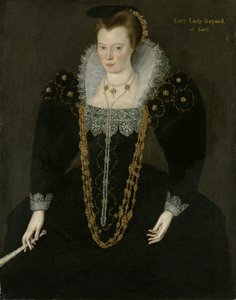 Portrett av Lucy, Lady Reynell fra Ford, trekvart lang, i en mørk kjole med hvit blondekrage og gull- og perlekjeder, med en vifte i høyre hånd med identifiserende inskripsjon