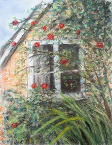 Roser over vindu, 2022 (pastell) av Margo Starkey