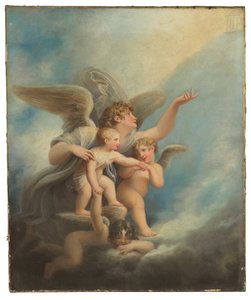 En engel og putti som følger en barnesjel til himmelen