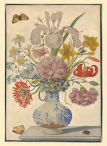 Kinesisk vase med iris, liljer og nelliker. På bordet er en sommerfugl til venstre og en oldenborre til høyre av Maria Sibylla Merian