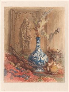 Stilleben med kinesisk vase og tørkede solsikker