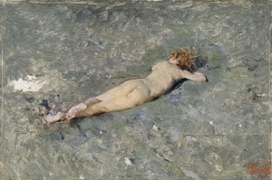 Nakent barn som ligger på stranden ved Portici (naken på stranden ved Portici) - Maleri av Mariano Fortuny (1838-1874)