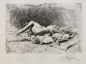 Mann rullende skitt. av Mariano José María Bernardo Fortuny y Carbó