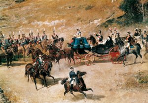 Dronning María Cristina og hennes datter, Isabel II, gjennomgikk artilleribatteriene som forsvarte Madrid i 1837, detalj, ca. 1866 (olje på lerret)