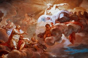 Romulus blir ønsket velkommen i Olympus av Jupiter. Detalj av "Apotheosis of Romulus" 1775 -1779, freskomaleri