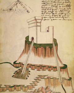 Studie om riktig installasjon av en brønn og drenering for en festning,, illustrasjon fra et verk av Mariano di Jacopo Vanni, kjent som Taccola (15. århundre), manuskript av Mariano di Jacopo (1382-c.1453) (after)