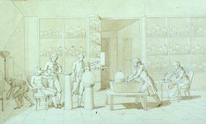Antoine Lavoisier (1743-94) og hans eksperimenter med respirasjon (penn og blekk og sepia vask på papir) av Marie Anne Pierrette Lavoisier