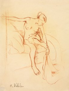 Naken kvinne sitter på en seng, første tredje 1900-tallet.