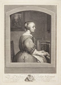 En nederlandsk kvinne spiller cembalo, sett gjennom et vindu av Marie Louise Adélaïde Boizot