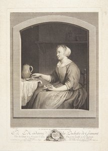 En nederlandsk kvinne som spiser frokost, sett gjennom et vindu av Marie Louise Adélaïde Boizot