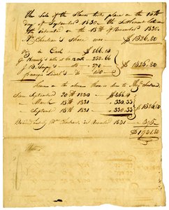 Dokument om salg av slaver og andel som kommer til forskjellige personer, november 1831 av Marie Therese Cerre Chouteau
