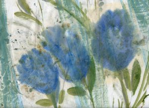 Blå blomster, 2020 (blandet teknikk på A4-papir)