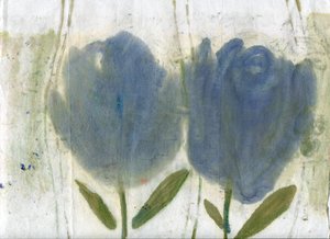 Blå tulipaner, 2020 (olje og blandede medier på A4-papir)