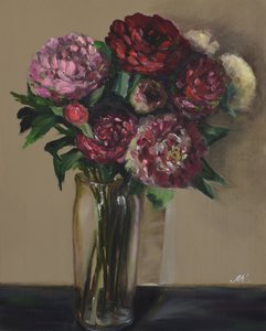 Mørkerøde peoner i glassvase - Stemningsfullt blomsteroljemaleri