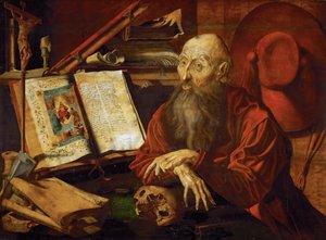 Saint Jerome dans sa cellule - Saint Jerome in his Cell, av Reymerswaele, Marinus Claesz, van (ca. 1490-etter 1567). Olje på tre, ca 1545. Dimensjon : 80x108 cm. Kunsthistorisk museum, Vienne