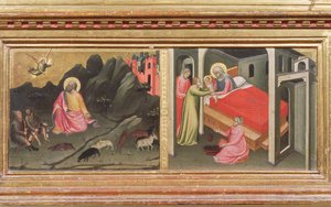 Madonna og barn med hellige, detalj fra predellaen som skildrer kunngjøringen til Joachim og Jomfruens fødselstempera på paneldetalj av 80340
