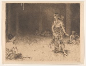 Wayang Wong (original tittel på objekt) Indisk hyllest i anledning sølvbryllupet til HM the Queen (original serietittel på objekt) av Marius Bauer (signed by artist)