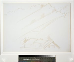 Fjelllandskap, bygning i forgrunnen av Marsden Hartley