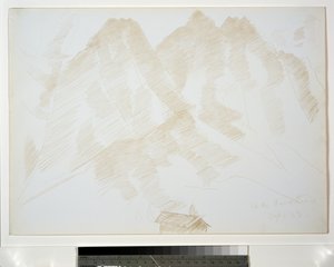 Fjelllandskap med bygninger i forgrunnen av Marsden Hartley