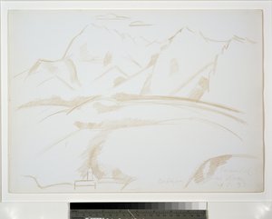 Fjelllandskap med kirketårn i forgrunnen av Marsden Hartley