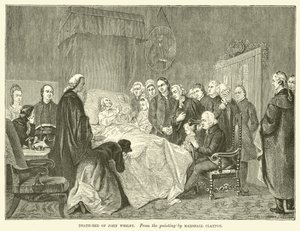 John Wesleys dødsleie (gravering) av Marshall (after) Claxton