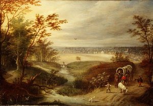 Et omfattende skogkledd landskap med en vogn ved et vadested av Marten (attr. to) Ryckaert