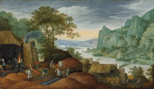 Et steinete landskap med figurer ved et jernstøperi, en elv og hus på bredden bortenfor
