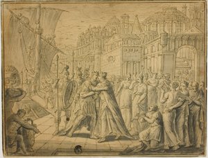 Dido og Aeneas omfavner før portene til Carthage av Marten de Vos